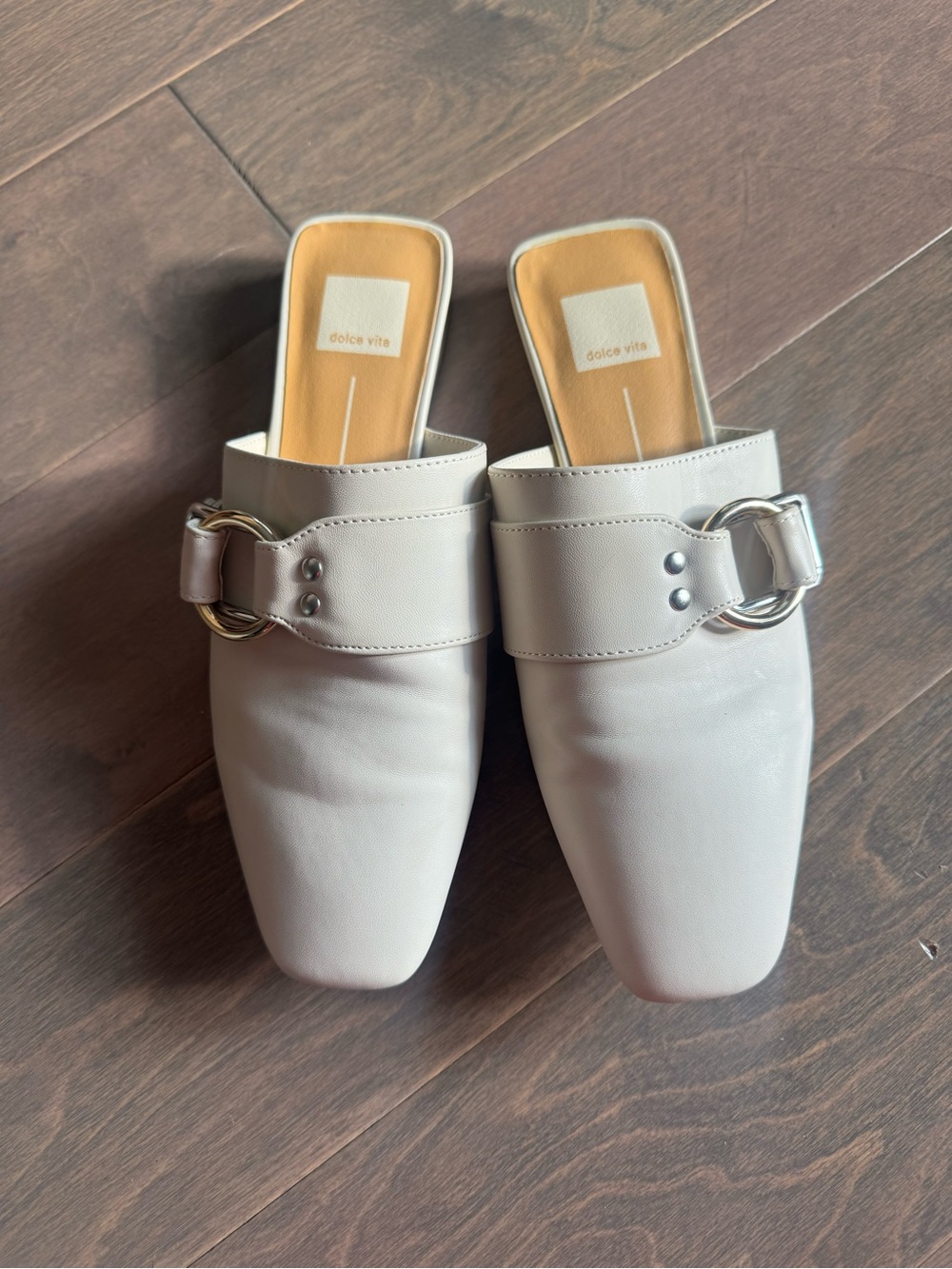Dolce Vita Cream Leather Slide Mules with Silver Ring Detail